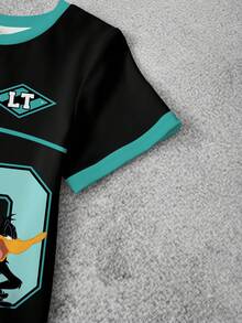 LOONEY TUNES X SHEIN 男童卡通印花撞色滚边圆领短袖T恤和条纹数字印花短裤套装 - 白色 - 查看 4