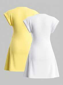 SHEIN BASICS 2pcs/Set Casual Solid Color Knit Round Neck Short Sleeve Mini Dress For Women Spring Dresses Summer Tshirt Mod Dresses/Summer - Multicolor - View 2