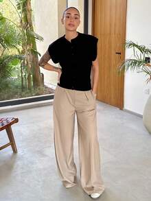 Mélanie ORL 超宽腿褶裥西装套装，仅含长裤，适合约会、外出、夜生活、工作、办公室、派对、优雅场合，以及情人节等春季穿着。 - 卡其色 - 查看 1