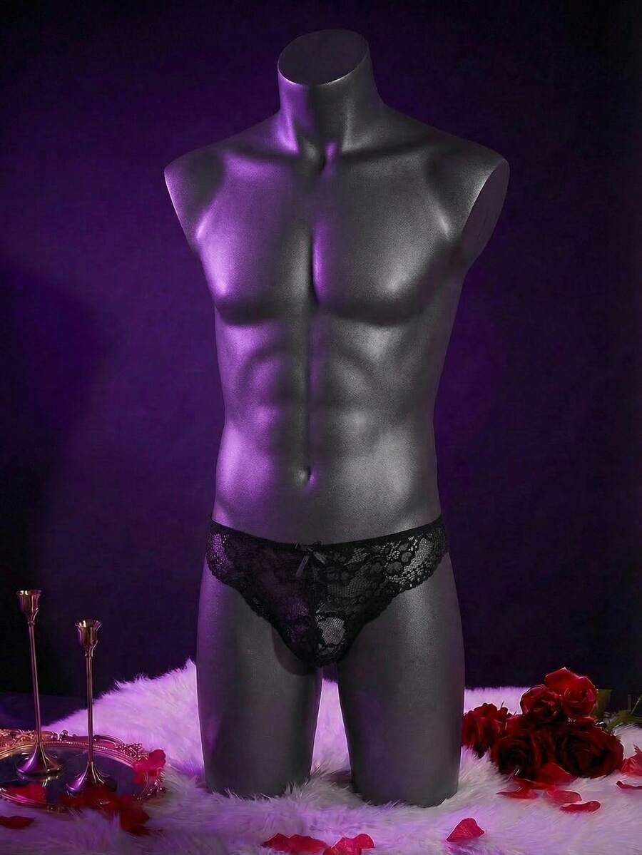 WENEZON 男士蕾丝性感内裤，贴身内衣撞色蕾丝丁字裤男士蕾丝内裤 - 黑色 - 查看 1