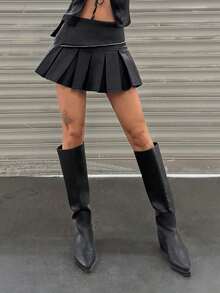 Flirla Y2K Women's Coated Mini Pleated Skirt - Black - View 3