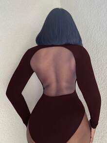 Alexandranx Women's Sexy Hollow Out Long Sleeve Bodysuit - Maroon - View 2