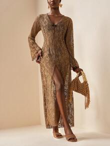 Zivah 2026 Women's Vacation Casual Beach Sheer Botanical Hollow-Out Dress Cover Up, Brown - Brown - View 8