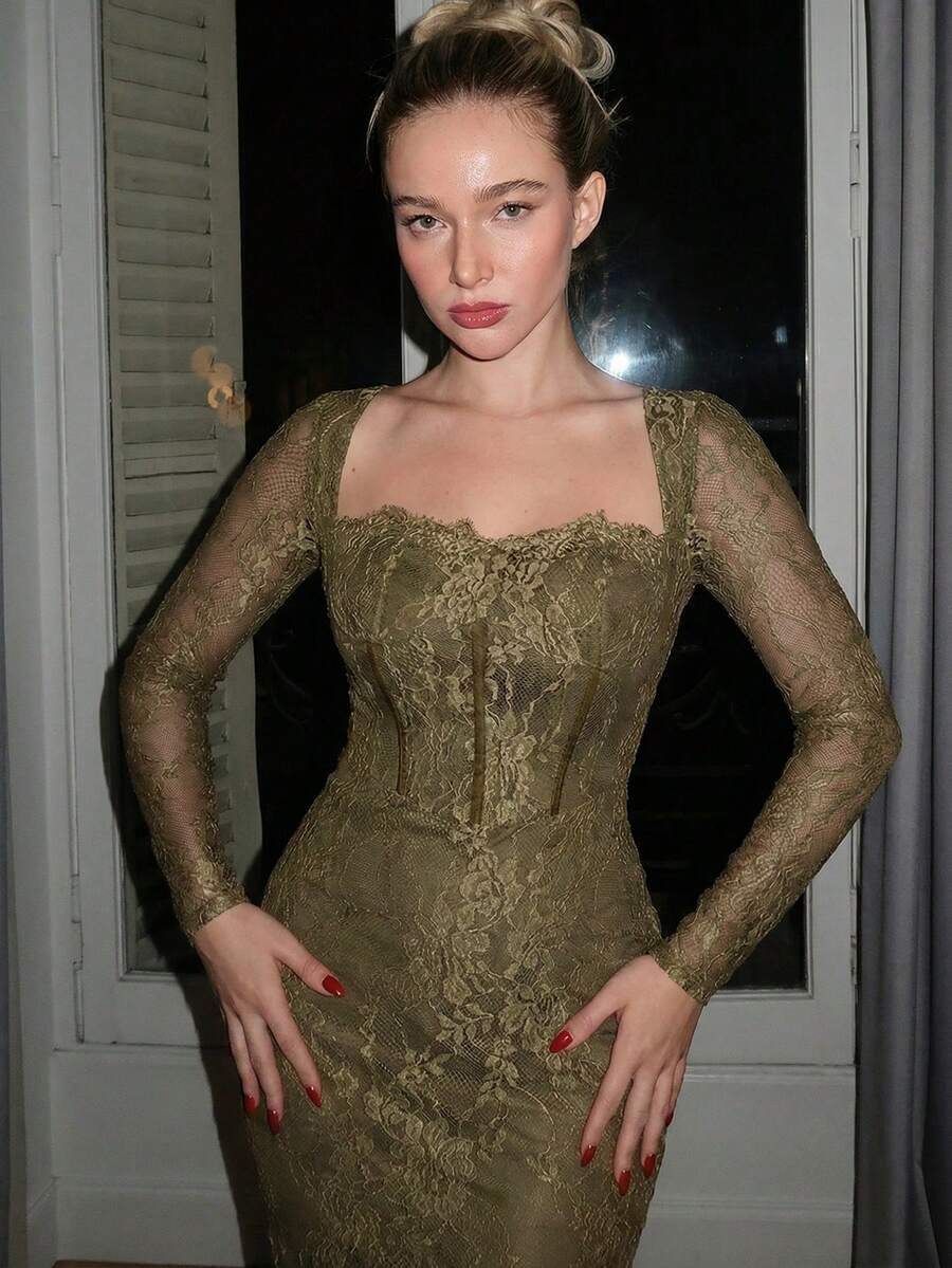 Turnttoni 女士秋冬新款性感 S 形蕾丝长袖紧身胸衣美人鱼长款紧身连衣裙，适合派对、约会、晚会 - 軍綠色 - 查看 1