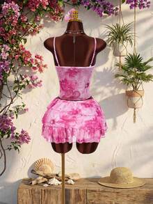 Amplova 女士两件套印花套装 - 粉色印花荷叶边V领吊带背心和荷叶边半裙，度假/休闲女士两件套夏季服装，度假套装，女士两件套，女士夏季两件套，粉色度假套装 - 淺粉色 - 查看 2