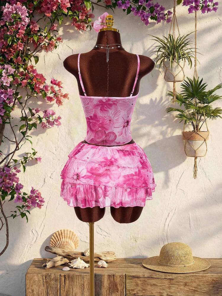 Amplova Dames tweedelige set met bloemenprint - Roze camisole top met bloemenprint en ruches aan de zoom, V-hals en rok met ruches aan de zoom, vakantie/casual zomeroutfit, vakantieoutfit voor dames, tweedelige zomerset voor dames, roze vakantieoutfit, roze tweedelige set - Baby roos - Bekijken 2