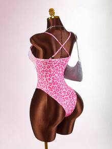Amplova Women's Fashion Sexy Lace Patchwork Leopard Print Bodysuit - Pink - View 10