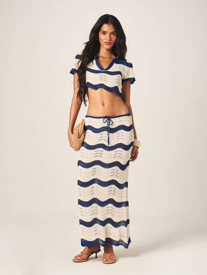 MISSGUIDED Women's Striped Crochet Knit Two Piece Set Crop Top And Maxi Skirt Coordinating Co-Ord Summer Beach Vacation Outfit