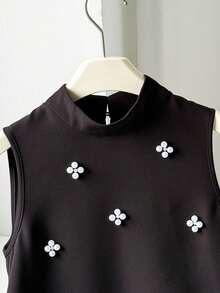 SHEIN 少女黑白撞色优雅串珠领无袖A字连衣裙 - 黑與白 - 查看 4