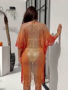 Swim SXY 女士彩色渐变高开衩长流苏网纱系带性感和服罩衫泳衣，适合春、夏、秋季海滩度假 - 彩色 - 查看 2