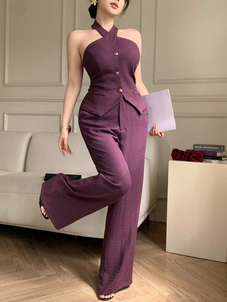 Women's Summer Casual Solid Color Halter Neck Faux Pocket Tank Top And Wide Leg Pants 2-Piece Set