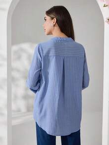 Veilorie New Embroidered Striped Casual Comfortable Daily Versatile Long Sleeve Shirt - Blue - View 8