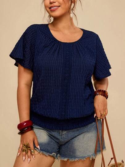 Travachic Ruffled Hem Elastic Waist Short Sleeve Round Neck Pullover Top, Plus Size Blouse