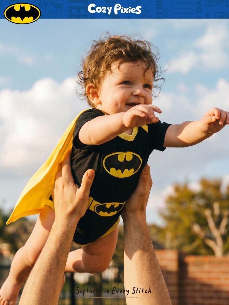 BATMAN X Cozy Pixies 新生儿男女宝宝撞色针织柔软圆领短袖连体衣，百搭舒适 - 彩色 - 查看 1