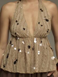 COSMINA 女士优雅深V领系带串珠上衣，适合春季、约会、情人节、新年、婚礼宾客、派对等场合。 - 卡其色 - 查看 7