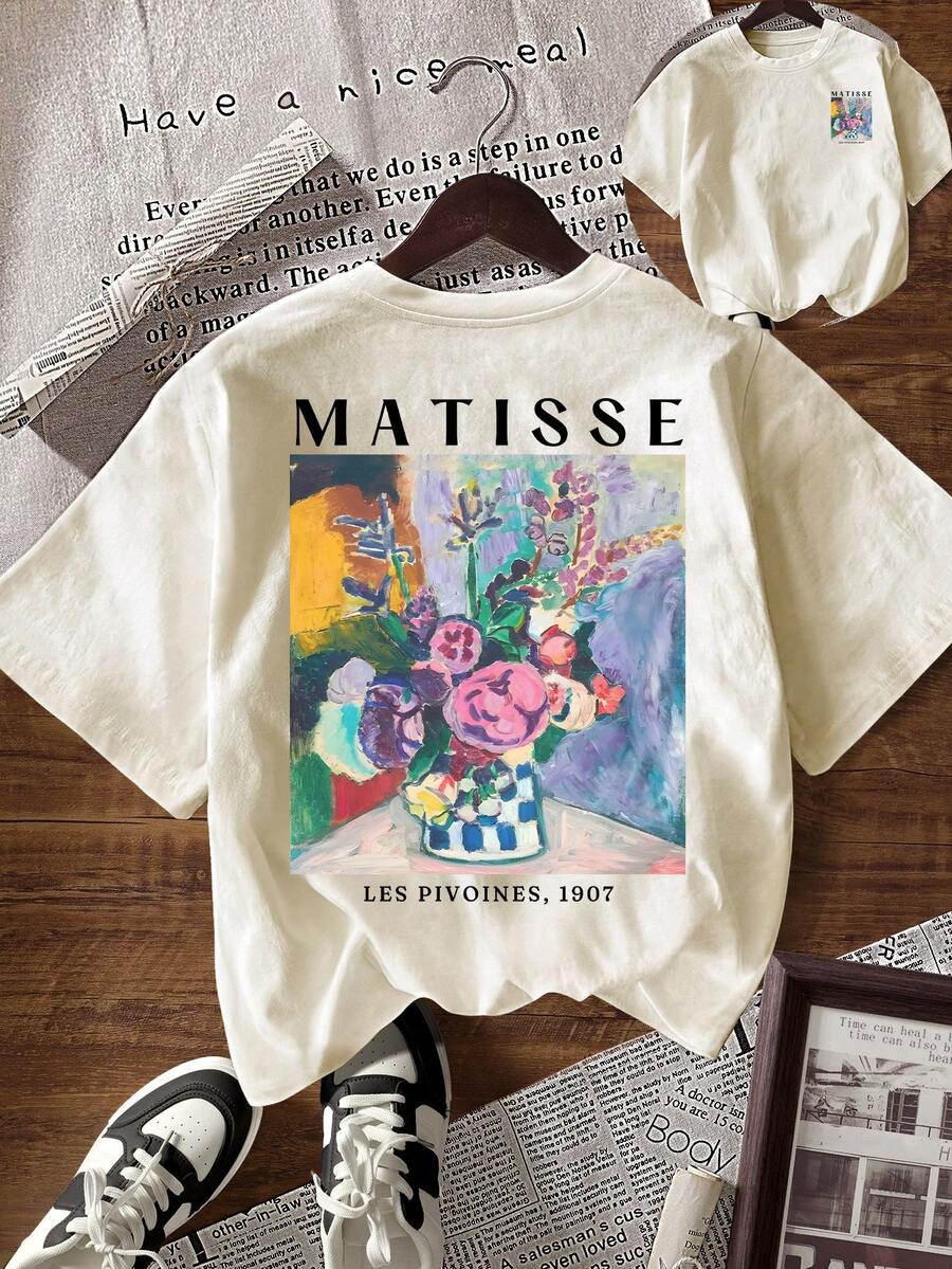 INAWLY 女士休闲字母与花卉印花圆领短袖T恤，夏季 - 杏色 - 查看 1