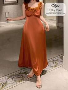 DAZY 女士优雅缎面蕾丝拼接荷叶边长款睡裙，夏季 - 珊瑚橙 - 查看 4