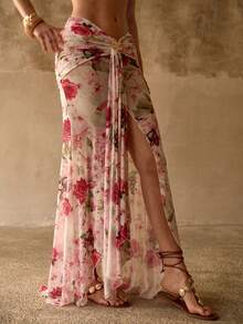 MOTF PREMIUM 浪漫优雅仿金属花朵装饰荷叶边前短后长女士沙滩度假纱笼裙 - 彩色 - 查看 4