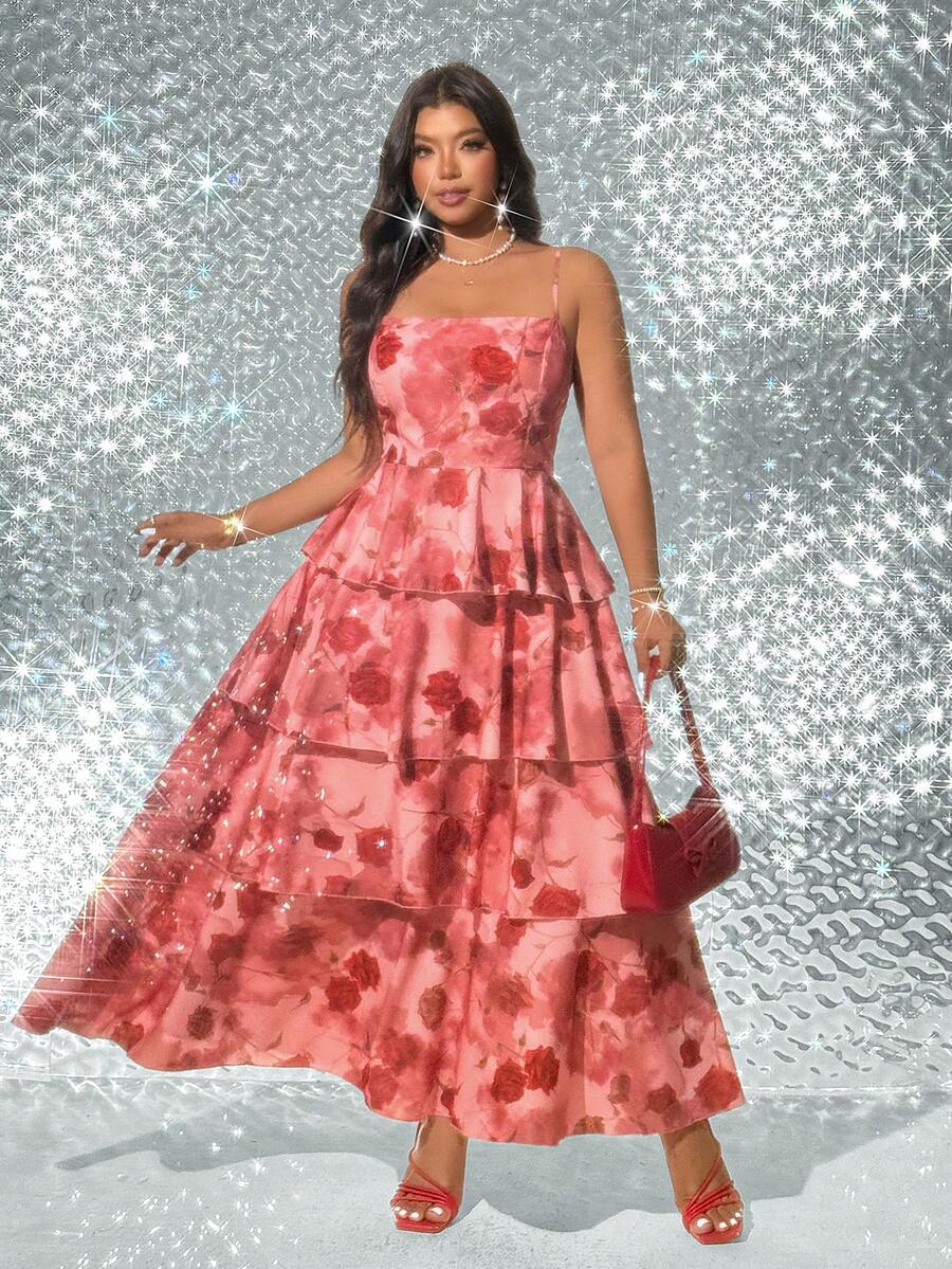 Viva Relle Vestido largo de vacaciones elegante y con volantes de varios niveles, con estampado de rosas, sin tirantes y con diseño fashionable - Rosa Roja - Ver 1