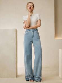 Anewsta New Fashion Jacquard Women Blue Denim Straight Leg Pants Pants Jeans Women's Jeans Wide Leg Jeans - Blue - View 7