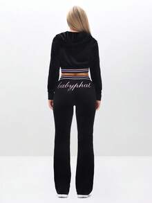 BABYPHAT Plus Size Black Velour Full Zip Sweatshirt With Pink Trim Contrast Detailing And Cursive Script Print Long Sleeve Track Jacket - Black - View 7