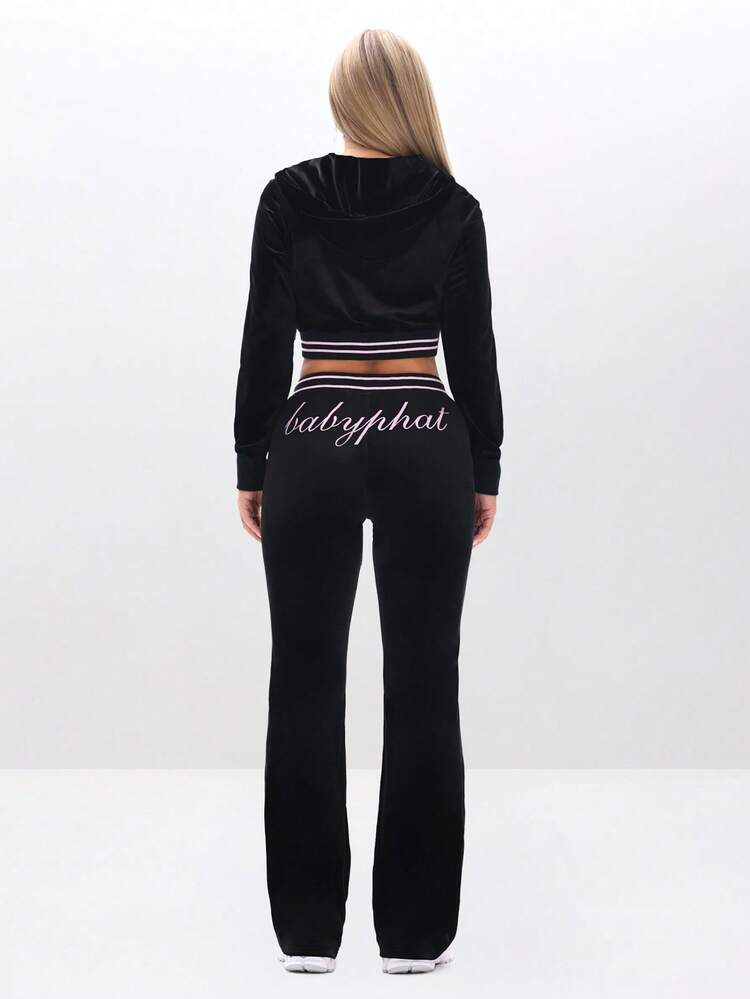 BABYPHAT Bluza dresowa z weluru w dużym rozmiarze, zapinana na suwak, z różowymi kontrastowymi wykończeniami i nadrukiem pisma odręcznego, z długim rękawem