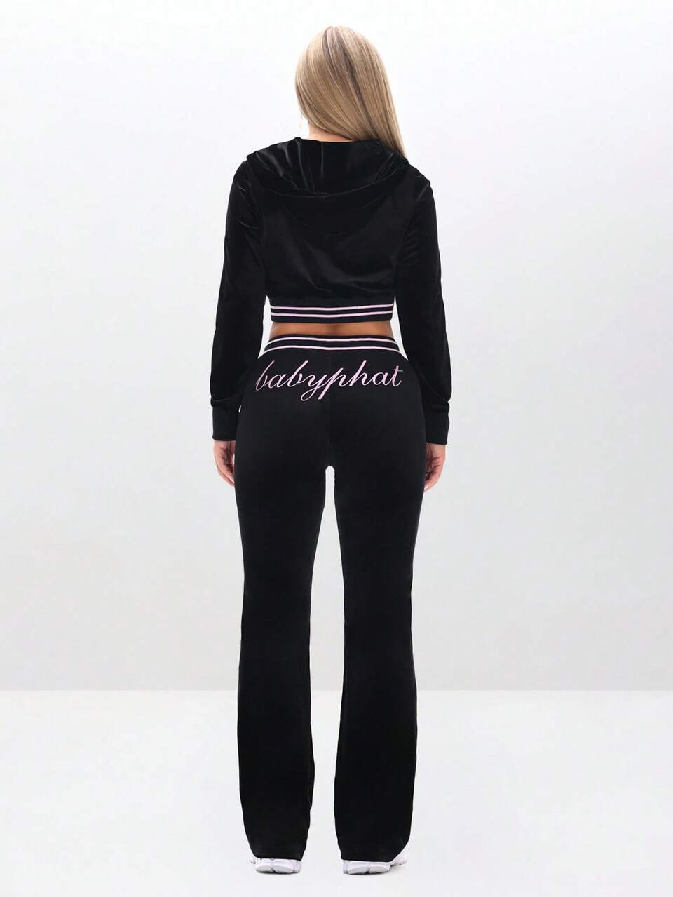 BABYPHAT Plus Size Black Velour Full Zip Sweatshirt With Pink Trim Contrast Detailing And Cursive Script Print Long Sleeve Track Jacket
