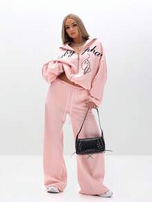 BABYPHAT Plus Size Oversized Pink Zip Up Hoodie With Script And Heart Print Full Zip Long Sleeve Comfort - Pink - View 2
