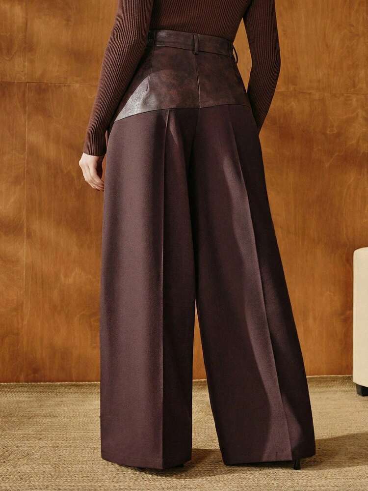 Plus Size Women's Fashionable Leather Patchwork Wide Leg Pants, High-Waisted Slimming Design, Autumn