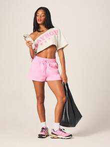 Missguided x Playboy Women's Pink Drawstring Elastic Waist Casual Jogger Shorts With Bunny Logo Print - Pink - View 2