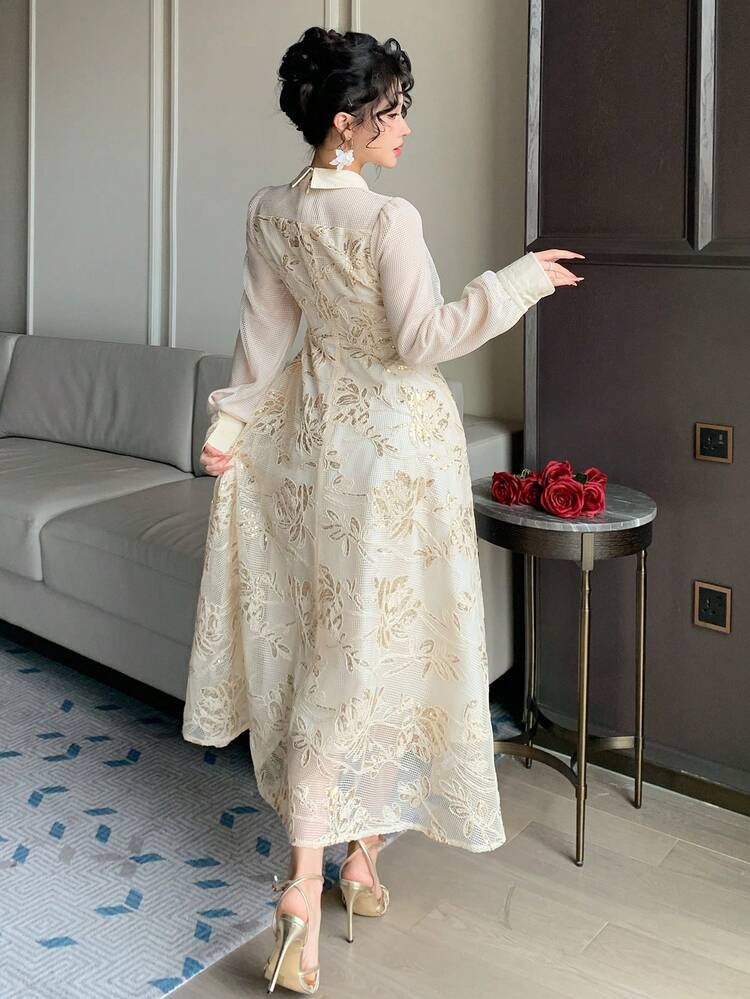 Women's Elegant Floral Sequin Patchwork Collar Petal Sleeve Mid-Length Dress, Spring/Summer Sundress