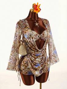 Amplova 3pcs Women's Swimwear Set, Plunging Neckline Long Sleeve Backless Top, Side Ruched Skirt & Bikini, Flare Sleeve, Suitable For Vacation & Beach Wear - Multicolor - View 1