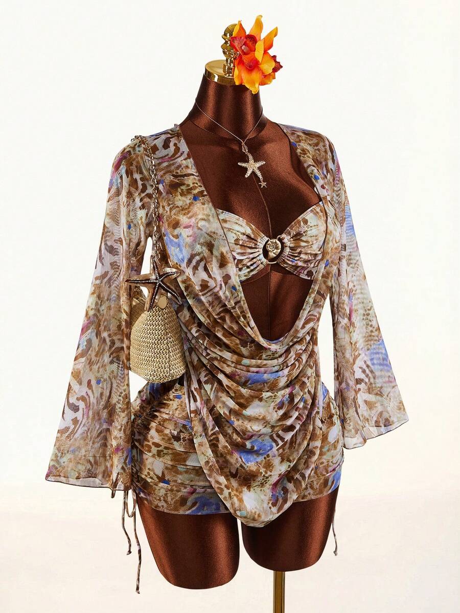 Amplova 3pcs Women's Swimwear Set, Plunging Neckline Long Sleeve Backless Top, Side Ruched Skirt & Bikini, Flare Sleeve, Suitable For Vacation & Beach Wear - Multicolor - View 1