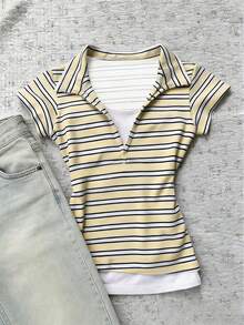 Glimmora 女士复古夏季新款黄白条纹二合一Polo衫，短袖V领修身显瘦上衣，复古休闲时尚衬衫 - 淡黃色 - 查看 6