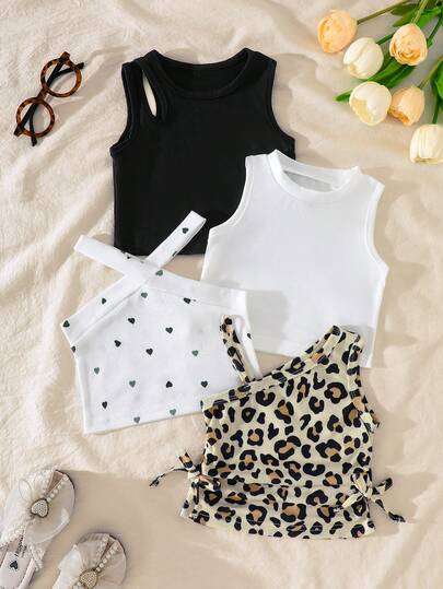 SHEIN Playful Pals 4pcs Baby Girl Summer Y2K Leopard Print Polka Dot Heart Pattern Tank Top Sleeveless Slim Fit Squishy Soft Texture Cami Shirts Outerwear Multi-Pack For Vacation Beach Party Leopard Print Baby Clothes Cheetah Print Baby Clothes Cute Tops Leopard Toddler Top Girl