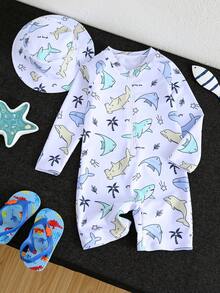 SHEIN Bubblio 男童休闲可爱趣味海洋贝壳印花长袖泳衣套装，含泳帽，适合春夏穿着，居家、外出、旅行、海滩、泳池、派对等场合。 - 藍白色 - 查看 3