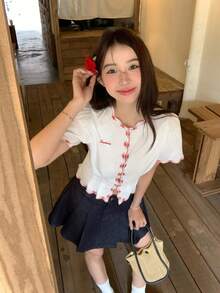 DAZY 女士白色棉质蝴蝶结荷叶边短袖V领衬衫，露脐设计，秋冬款 - 白色 - 查看 3