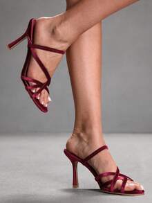 CUCCOO SZL Sandalias de tacón con tiras cruzadas en color borgoña de moda para mujer - Burdeos - Ver 7