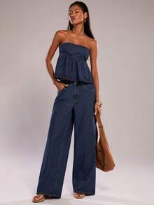 SHEIN BAE Conjunto de moda con top bandeau con volantes y pantalones vaqueros de pierna ancha para mujer - Azul lavado oscuro - Ver 5