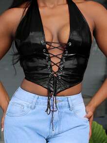 Steph T Women Tank Tops & Camis Asimetris Backless Lace Up Tie Back Garment Eyelets Plain Seksi - Hitam - View 6