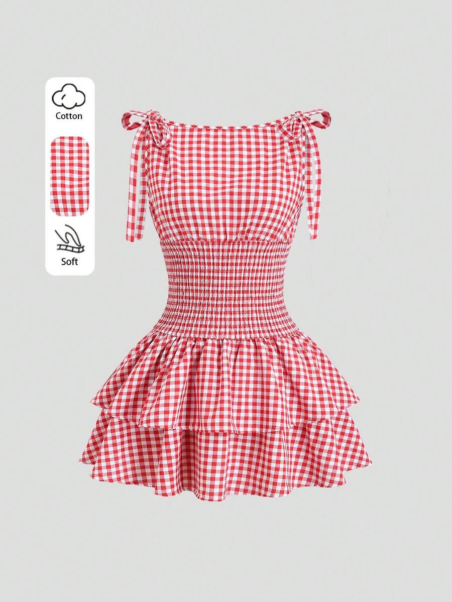 Sweetra Women's Spring/Summer New Sexy Sassy School Style Tie-Shoulder Cinched Waist Double Ruffle Hem Red Plaid Dress, Suitable For Casual, Commute, Outing, Beach Holiday - Red - View 1