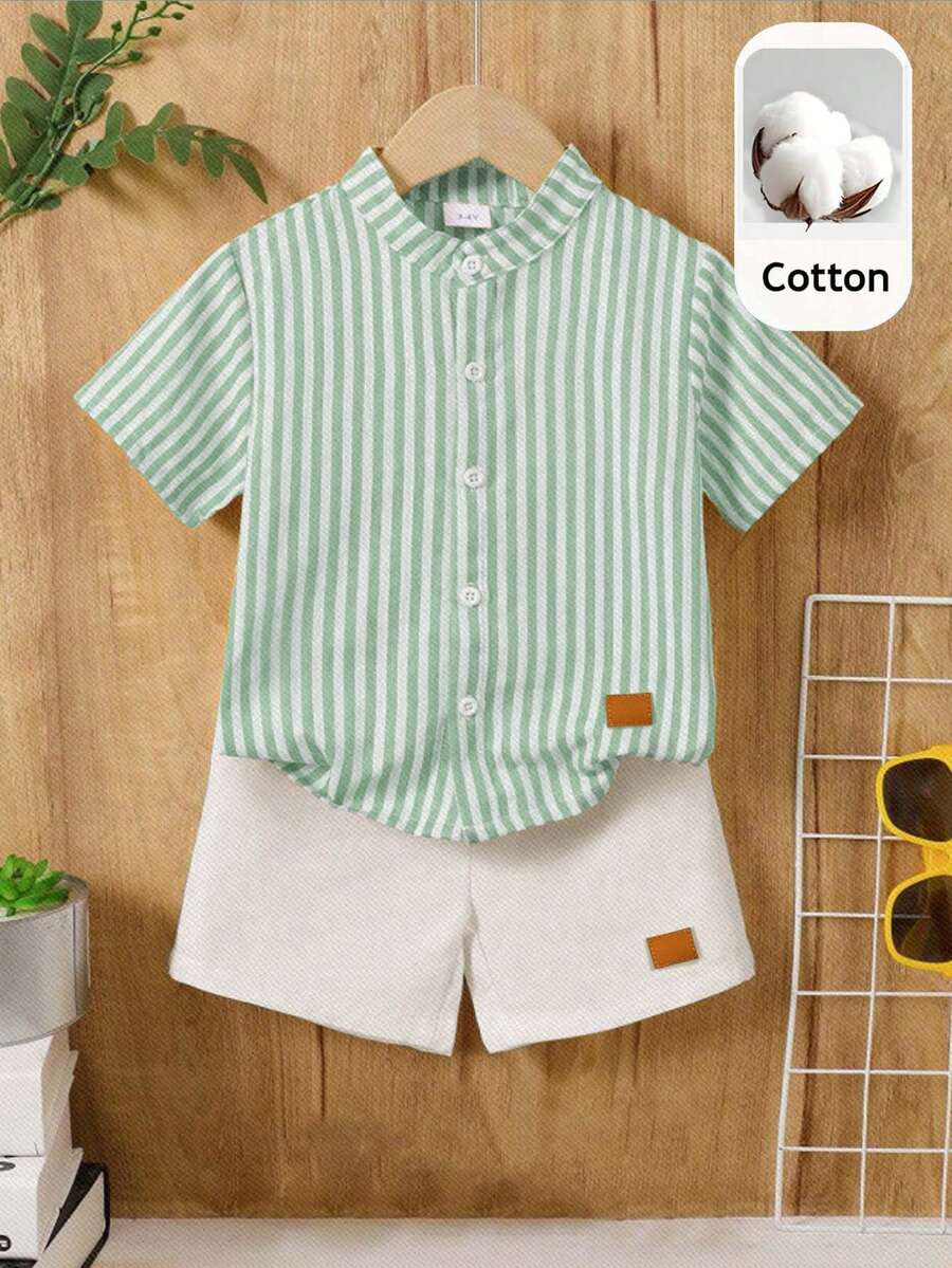 Bộ 2 món áo sơ mi tay ngắn cổ tàu kẻ sọc thoải mái, đa năng cho bé trai, gồm áo sơ mi và quần short. - Màu xanh Bạc hà - Xem 1