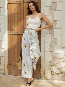 Gaivellea 女士优雅浪漫条纹碎花弹力腰带系带阔腿长裤，适合春夏外出和约会 - 彩色 - 查看 1