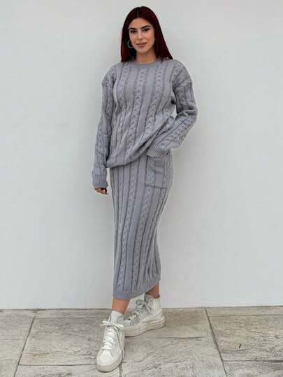 Bearsaez 2pcs Women Solid Color Drop Shoulder Long Sleeve Sweater & Knit Pants Casual Set, Autumn/Winter Fall Cloth For Women