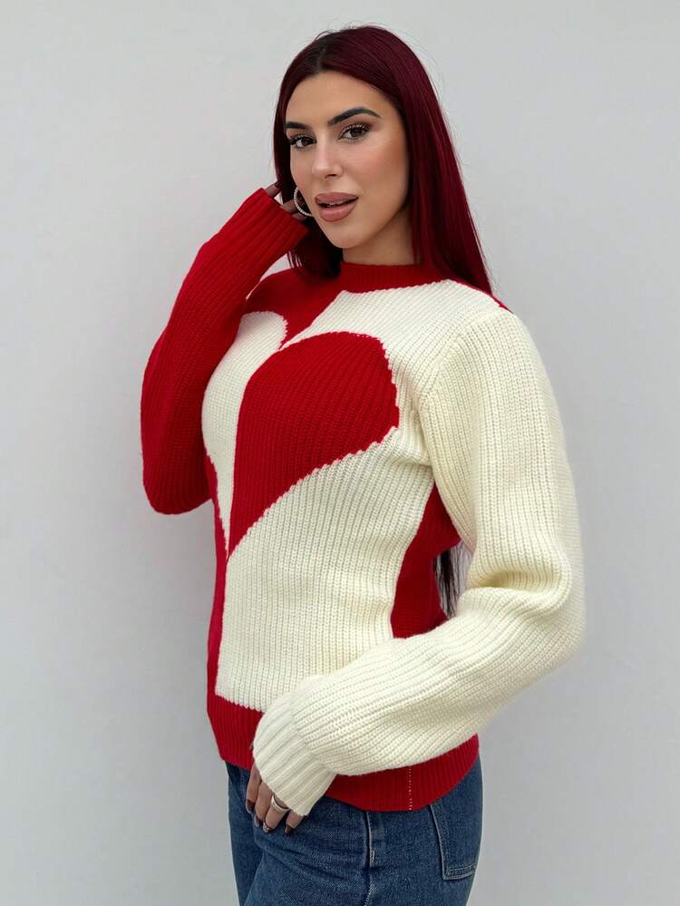 Bearsaez Women's Valentine's Day Colorblock Heart Pattern Sweater Knit Pullover Fall Winter - Red - View 5