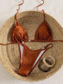 Swim Vcay Spring Break Summer Beach Solid Color Irregular Beaded Decor Halter Neck Tie Sexy Bikini 2-Piece Set - Brown - View 1