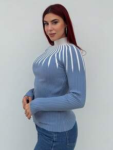 Bearsaez Casual Contrast Stripe Stand Collar Slim Fit Sweater, Autumn/Winter - Dusty Blue - View 3