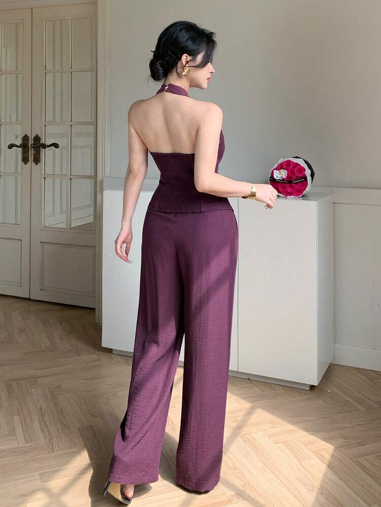Women's Summer Casual Solid Color Halter Neck Faux Pocket Tank Top And Wide Leg Pants 2-Piece Set