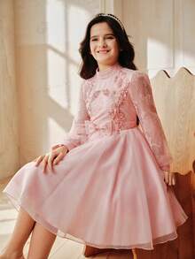 Anewsta 女童长袖薄纱荷叶边珍珠公主裙，粉色，春夏款 - 粉色 - 查看 2
