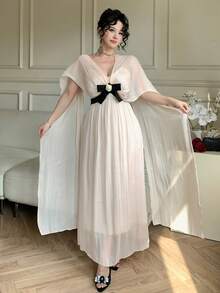 DAZY Pink And Black,Summer,Elegant,Party White Shiny Shawl-Style Bow Decor Dress,Suitable For Valentine's Day,Wedding,Formal Occasion,Fashion Event Dress - Pink - View 6